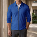 Zip Jacket in Sapphire Blue showing the fine waffle texture and pointed collar