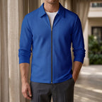 Zip Jacket in Sapphire Blue showing the fine waffle texture and pointed collar