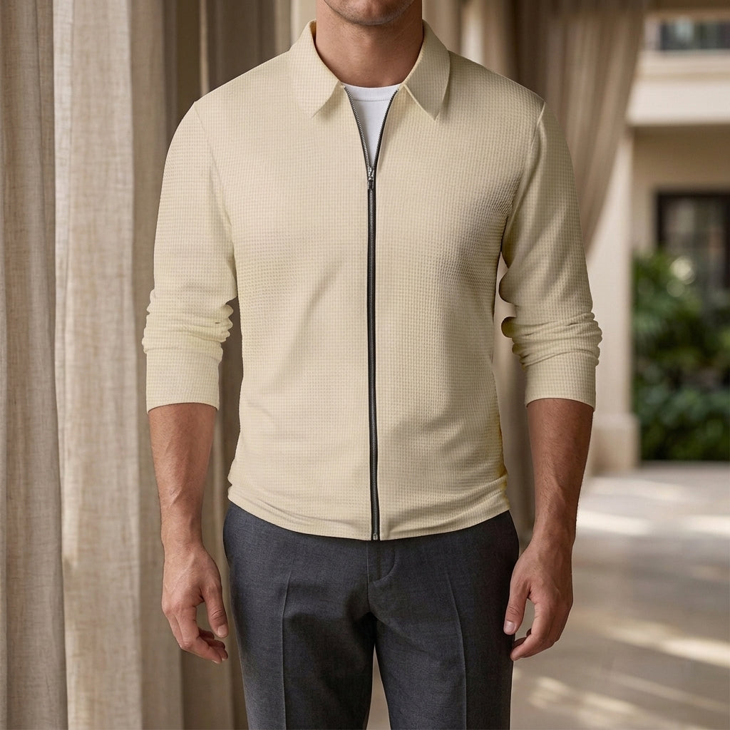 Zip Jacket in Khaki showing the fine waffle texture and pointed collar