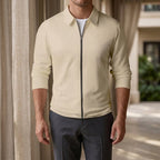 Zip Jacket in Khaki showing the fine waffle texture and pointed collar
