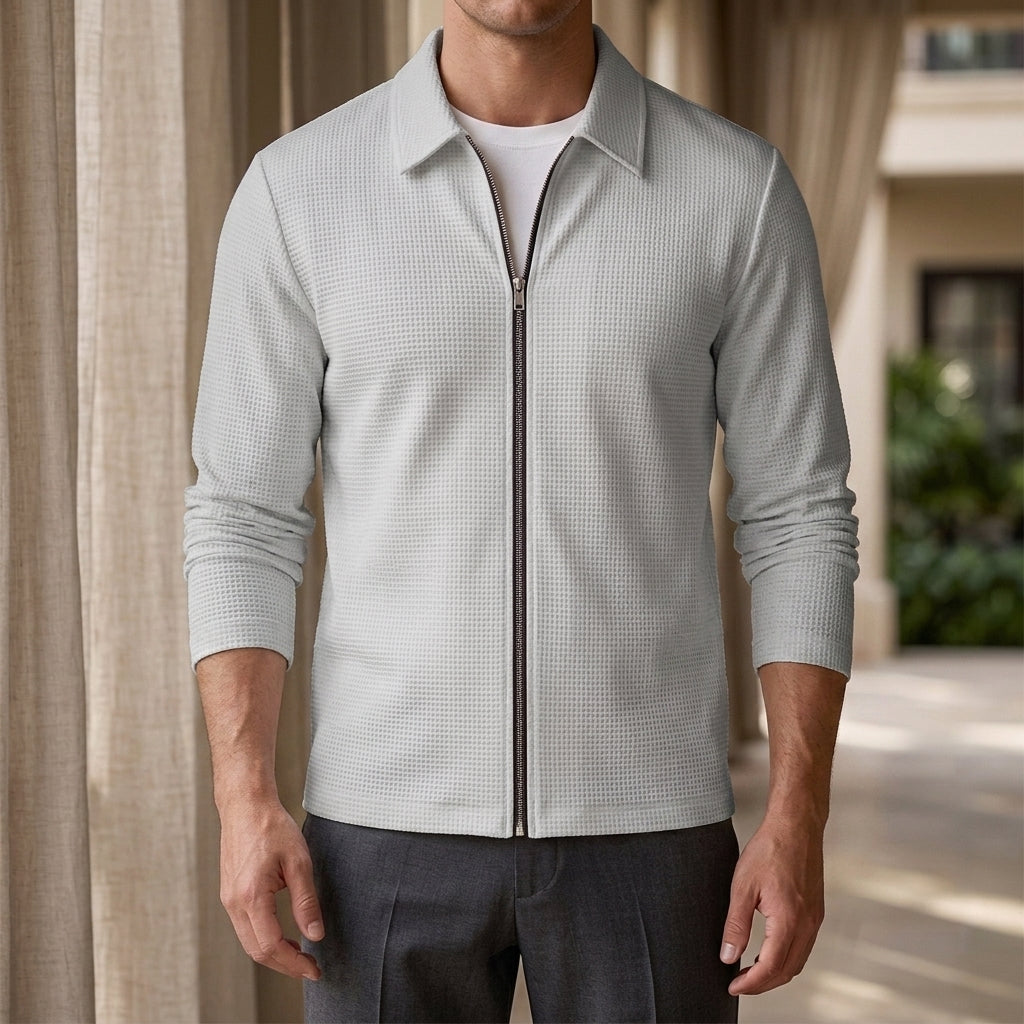 Zip Jacket in Light Gray showing the fine waffle texture and pointed collar