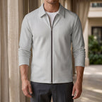 Zip Jacket in Light Gray showing the fine waffle texture and pointed collar
