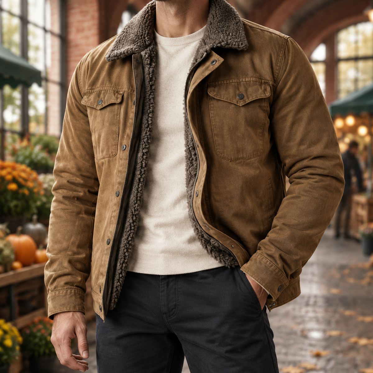 Western Jacket additional view 1 showing the sherpa collar, lining, and snap-front pockets