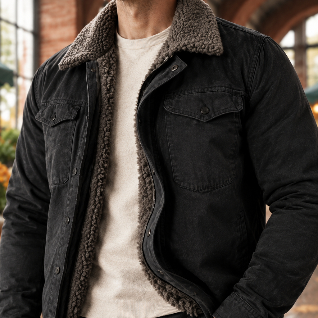 Western Jacket in Black showing the sherpa collar, lining, and snap-front pockets