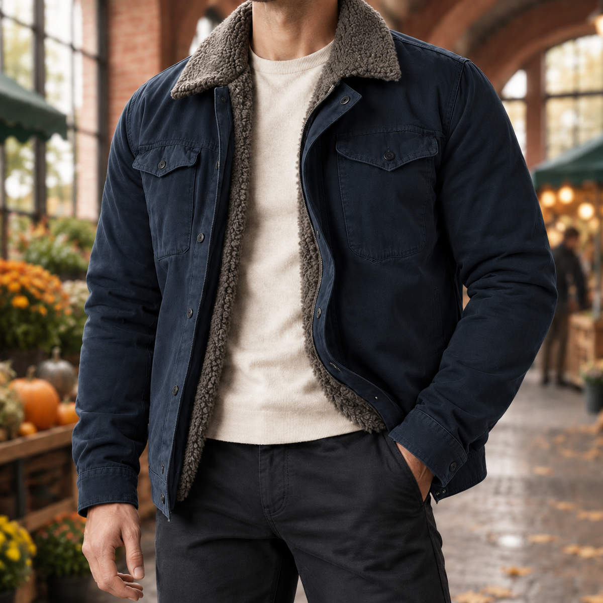 Western Jacket in Navy showing the sherpa collar, lining, and snap-front pockets