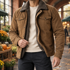 Western Jacket in Brown showing the sherpa collar, lining, and snap-front pockets