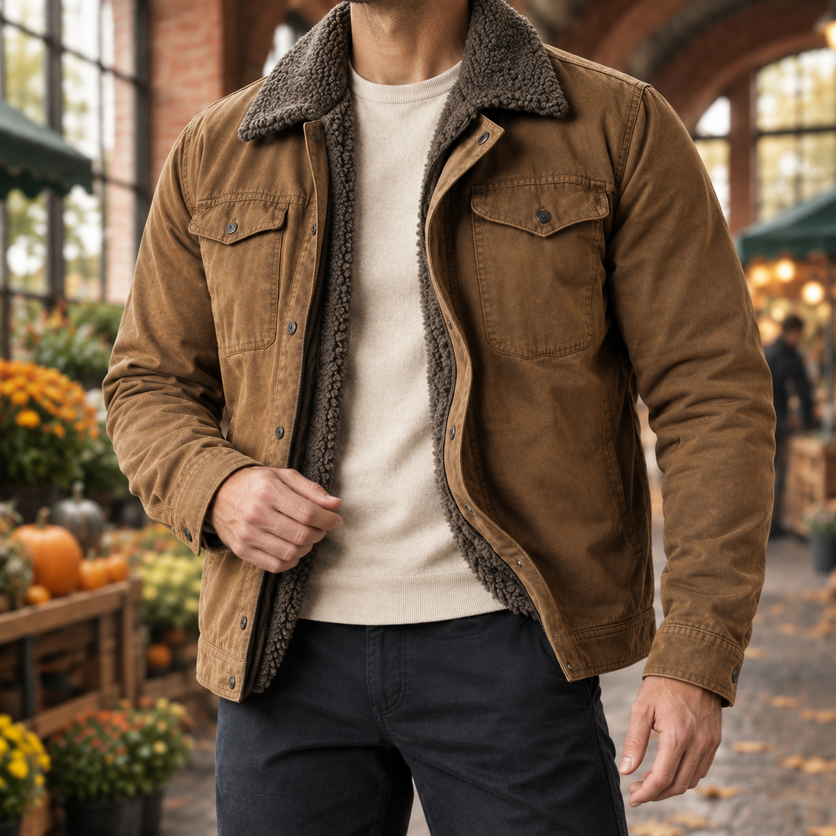 Western Jacket in Brown showing the sherpa collar, lining, and snap-front pockets