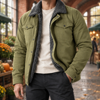Western Jacket in Green showing the sherpa collar, lining, and snap-front pockets