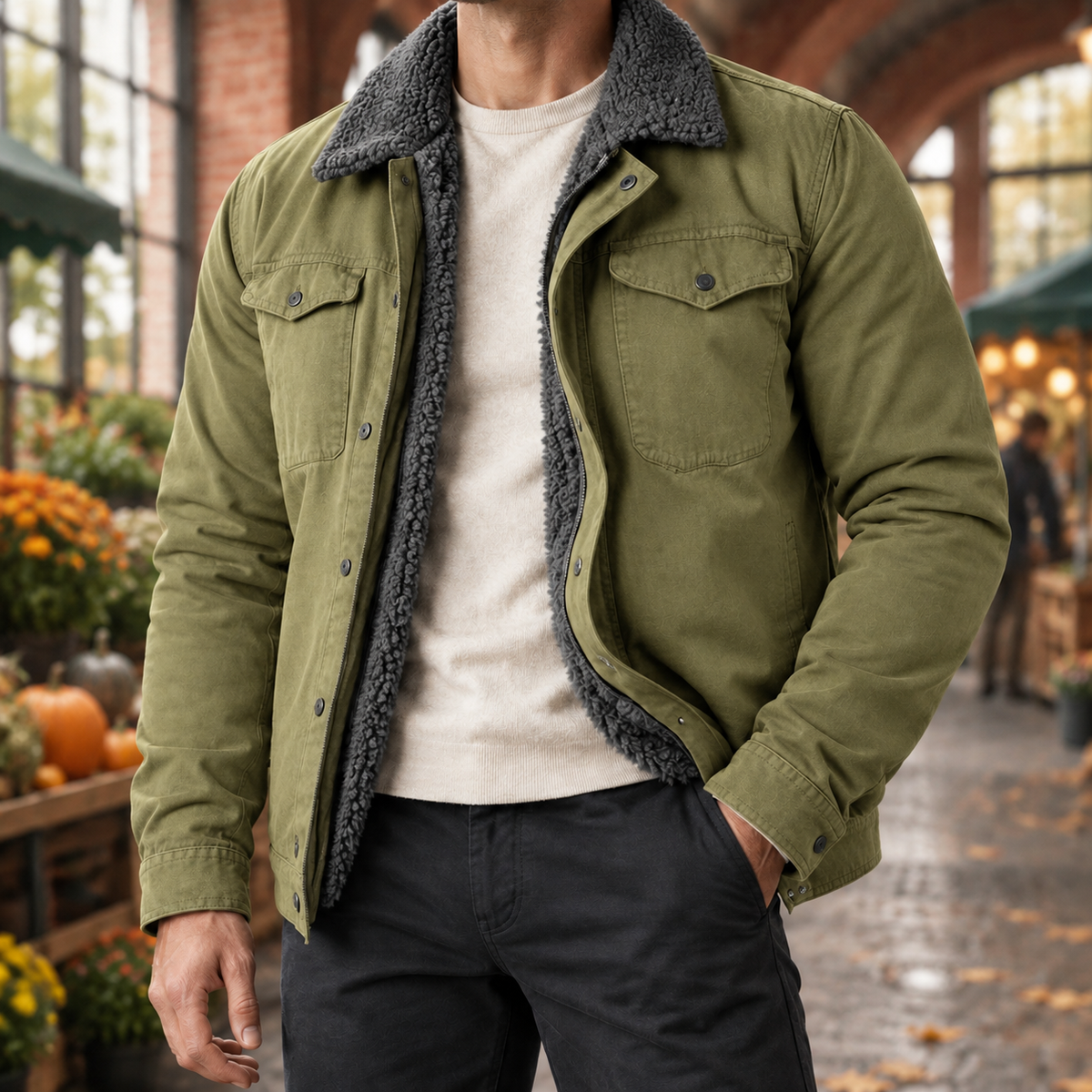 Western Jacket in Green showing the sherpa collar, lining, and snap-front pockets