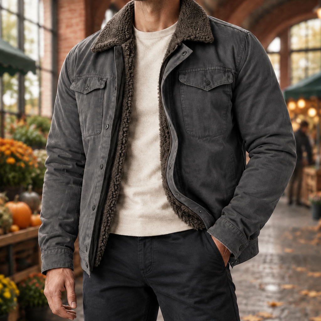 Western Jacket in Dark Gray showing the sherpa collar, lining, and snap-front pockets