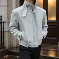 Belted Jacket in Gray showing the wool construction, asymmetric front, and adjustable waist strap.