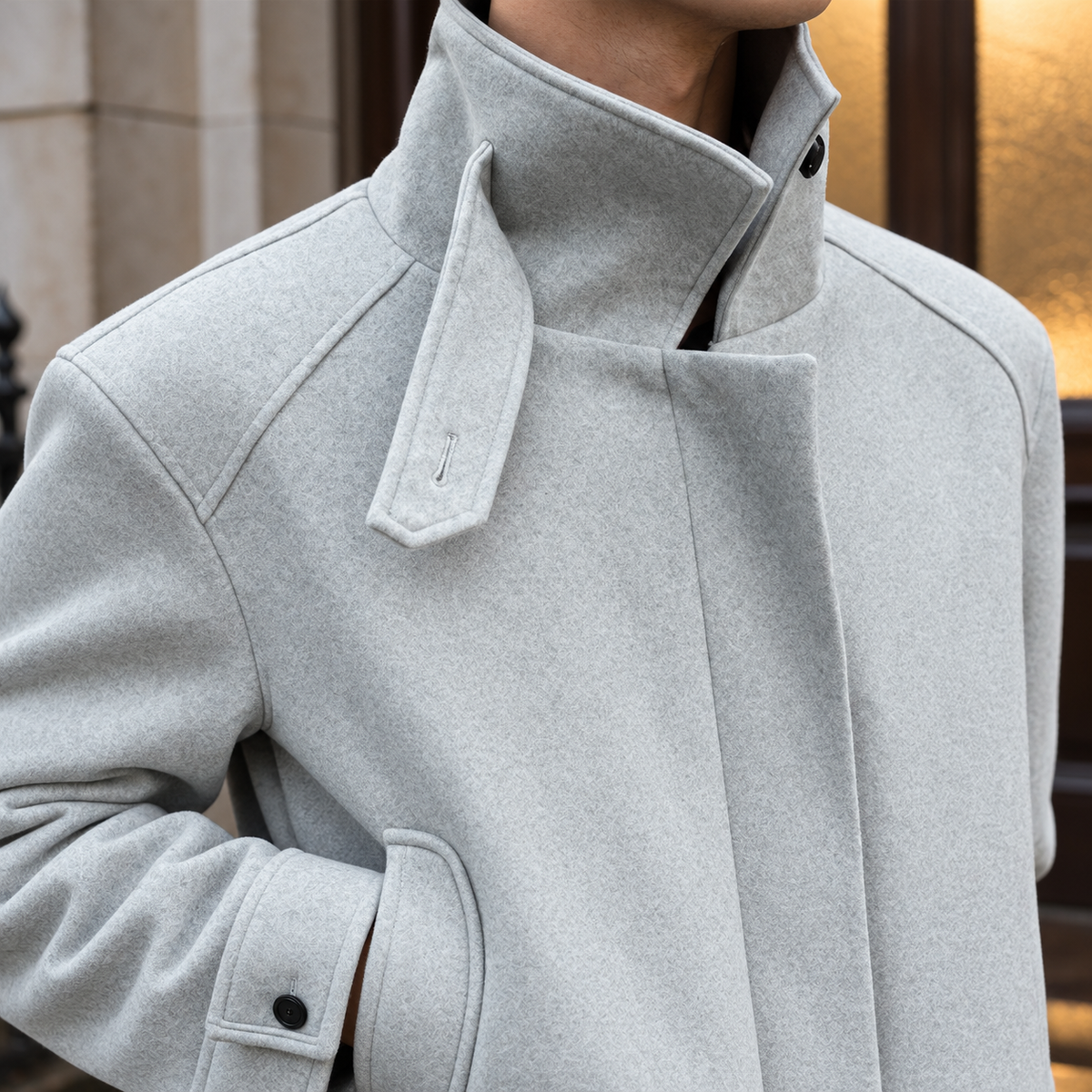Belted Jacket detail view 2 showing the wool construction, asymmetric front, and adjustable waist strap.