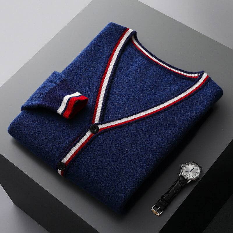 Men's Wool Blend Cardigan | Deep V Neck Stripe Trim - image 1