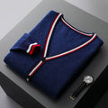 Men's Wool Blend Cardigan | Deep V Neck Stripe Trim - image 1