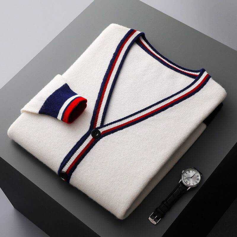 Men's Wool Blend Cardigan | Deep V Neck Stripe Trim - image 2