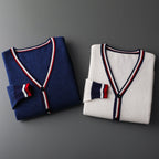 Men's Wool Blend Cardigan | Deep V Neck Stripe Trim - image 3
