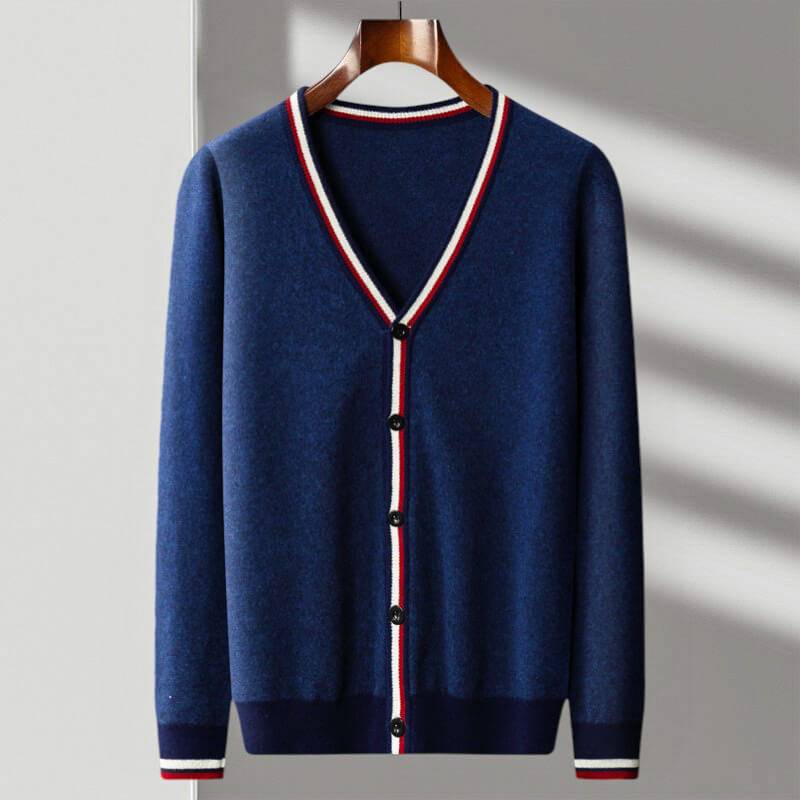 Men's Wool Blend Cardigan | Deep V Neck Stripe Trim - image 5