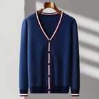 Men's Wool Blend Cardigan | Deep V Neck Stripe Trim - image 5