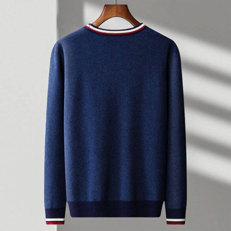 Men's Wool Blend Cardigan | Deep V Neck Stripe Trim - image 6
