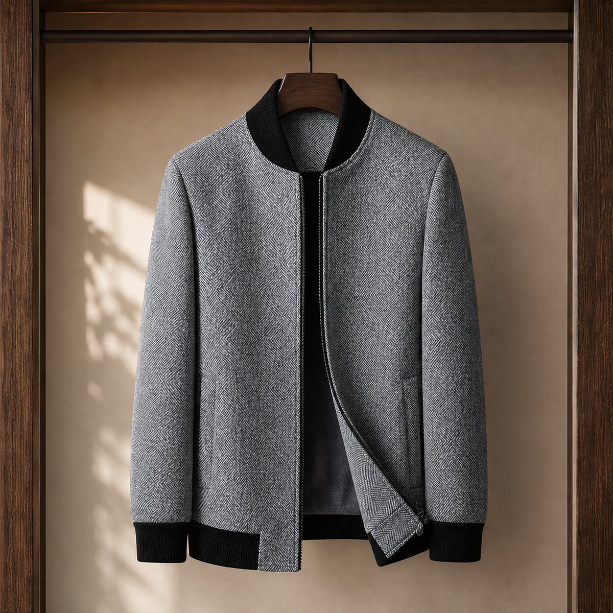 Wool Jacket in Gray showing the geometric herringbone texture and ribbed trims