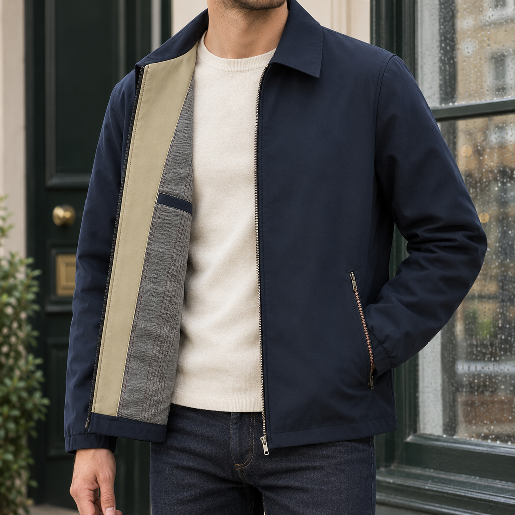 Zip Jacket in Navy Blue showing the pointed collar and checked inner lining.
