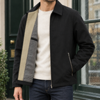 Zip Jacket in Black showing the pointed collar and checked inner lining.
