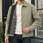 Zip Jacket in Khaki showing the pointed collar and checked inner lining.