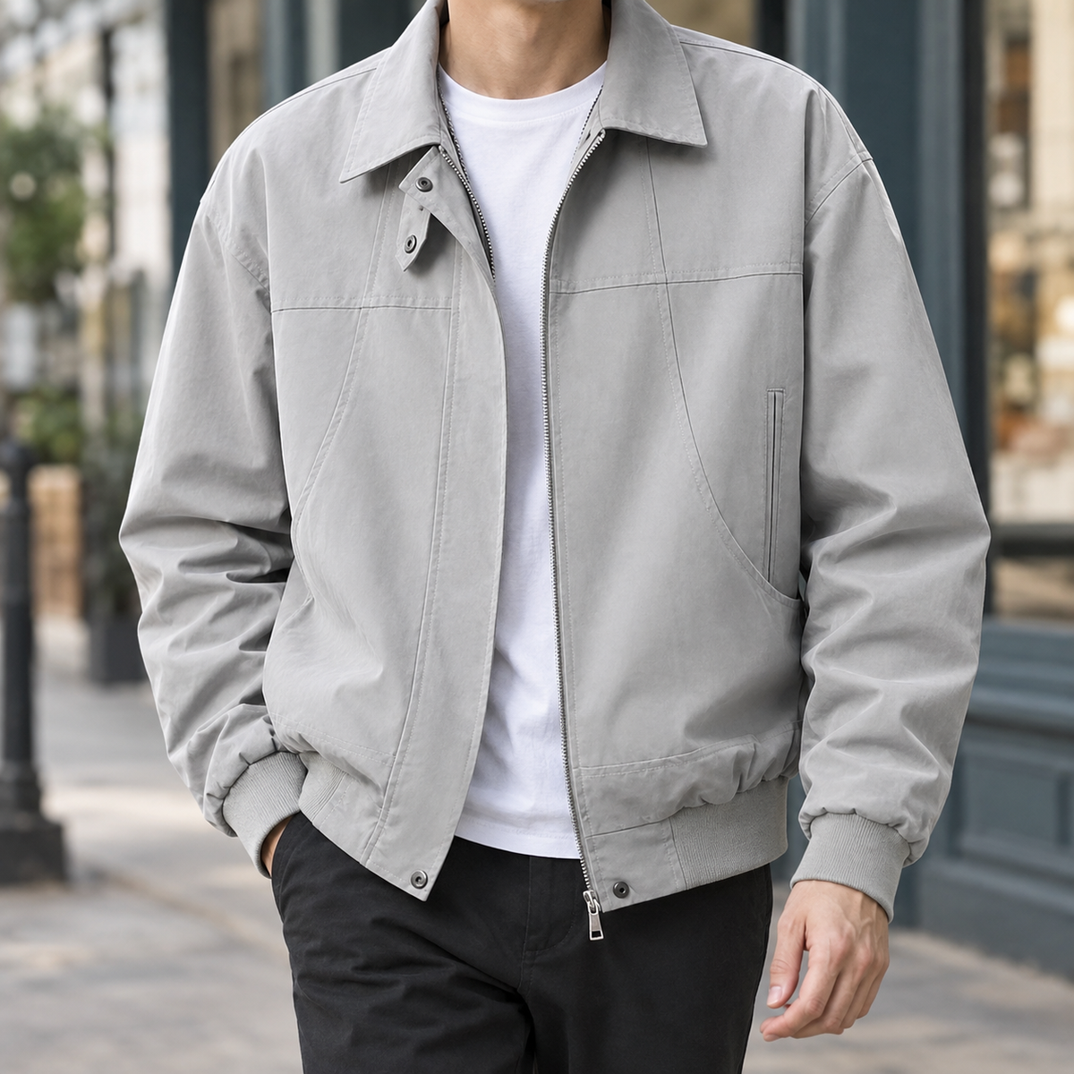 Zip Jacket in Gray showing the paneled construction and ribbed trims