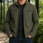 Military Jacket in Green showing the stand collar and utility pockets