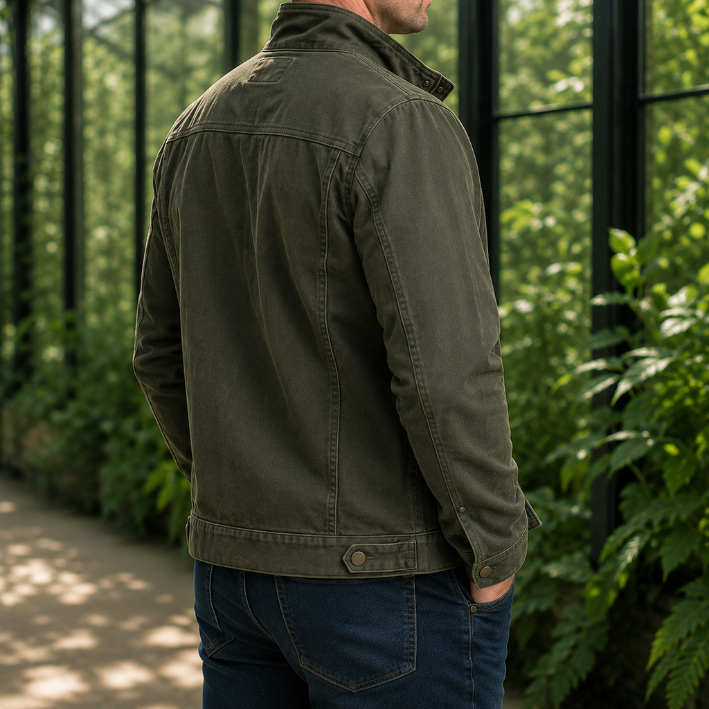 Additional view 2 of the Brown military jacket showing the stand collar and utility pockets and construction