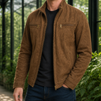 Military Jacket in Brown showing the stand collar and utility pockets