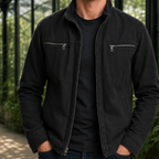 Military Jacket in Black showing the stand collar and utility pockets