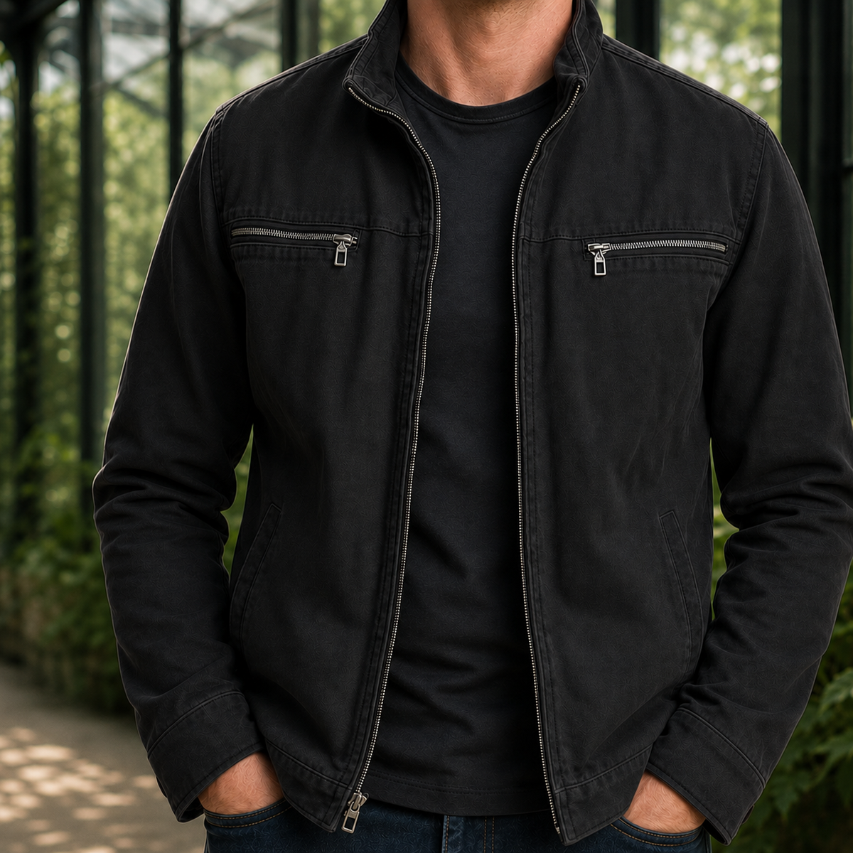 Military Jacket in Black showing the stand collar and utility pockets