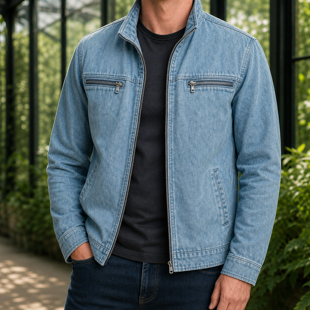 Military Jacket in Blue showing the stand collar and utility pockets