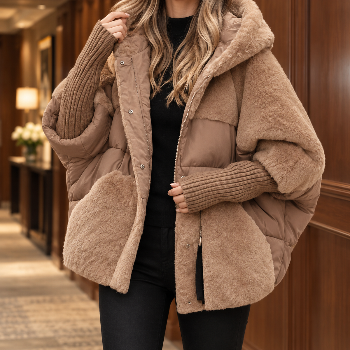 Woman wearing a light brown padded jacket with plush contrast panels and a lined hood
