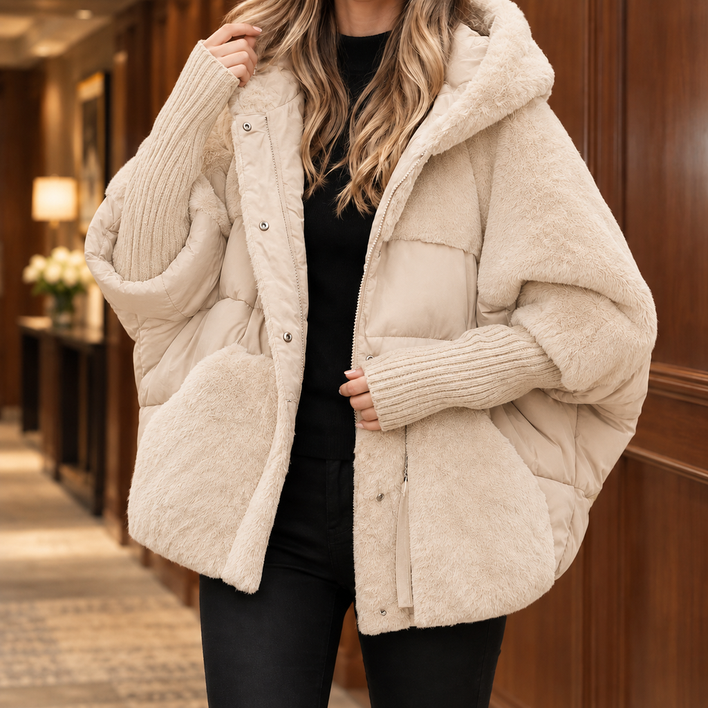 Woman wearing the padded textured hooded jacket in beige