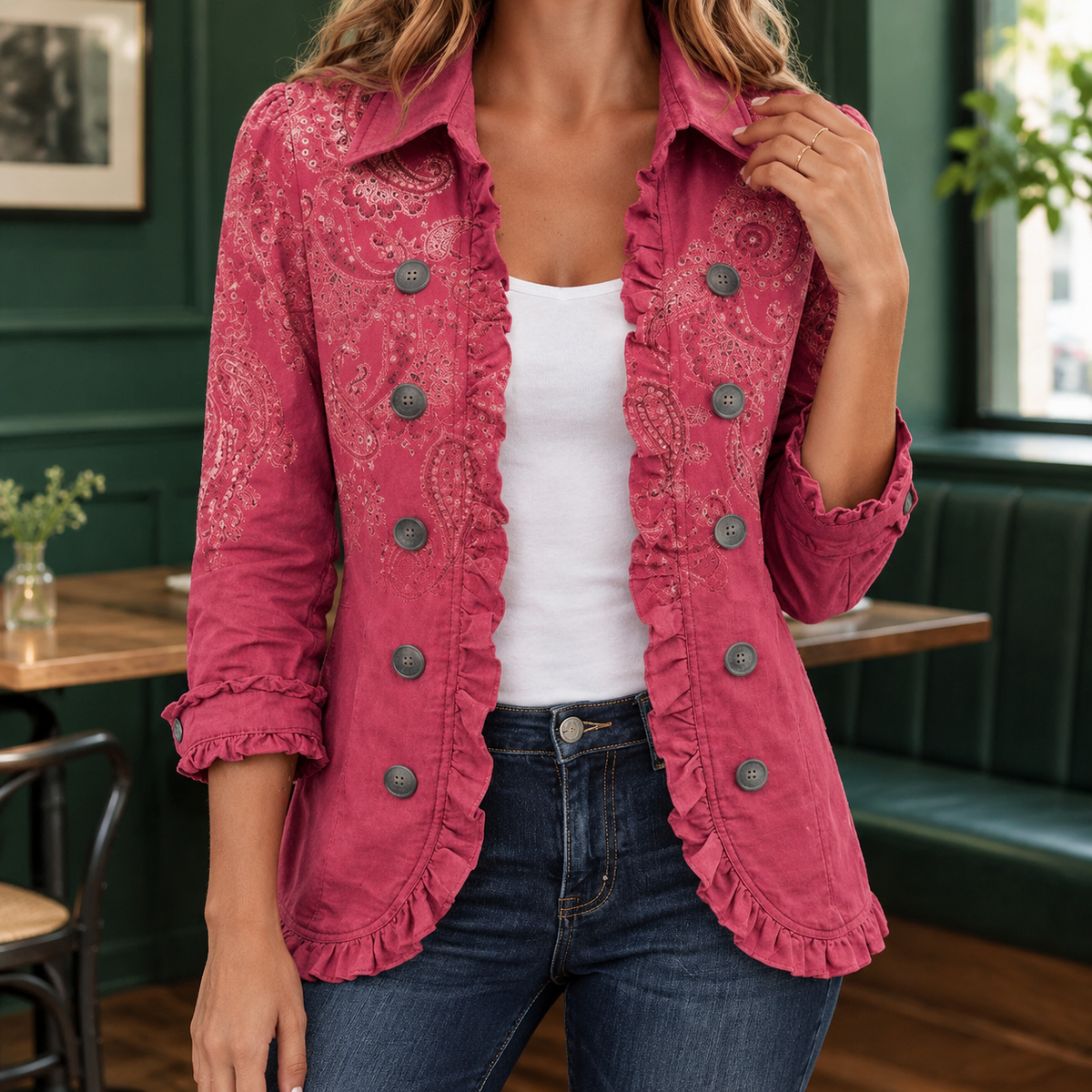 Woman wearing a rose pink paisley jacket with a double breasted front and ruffled trim