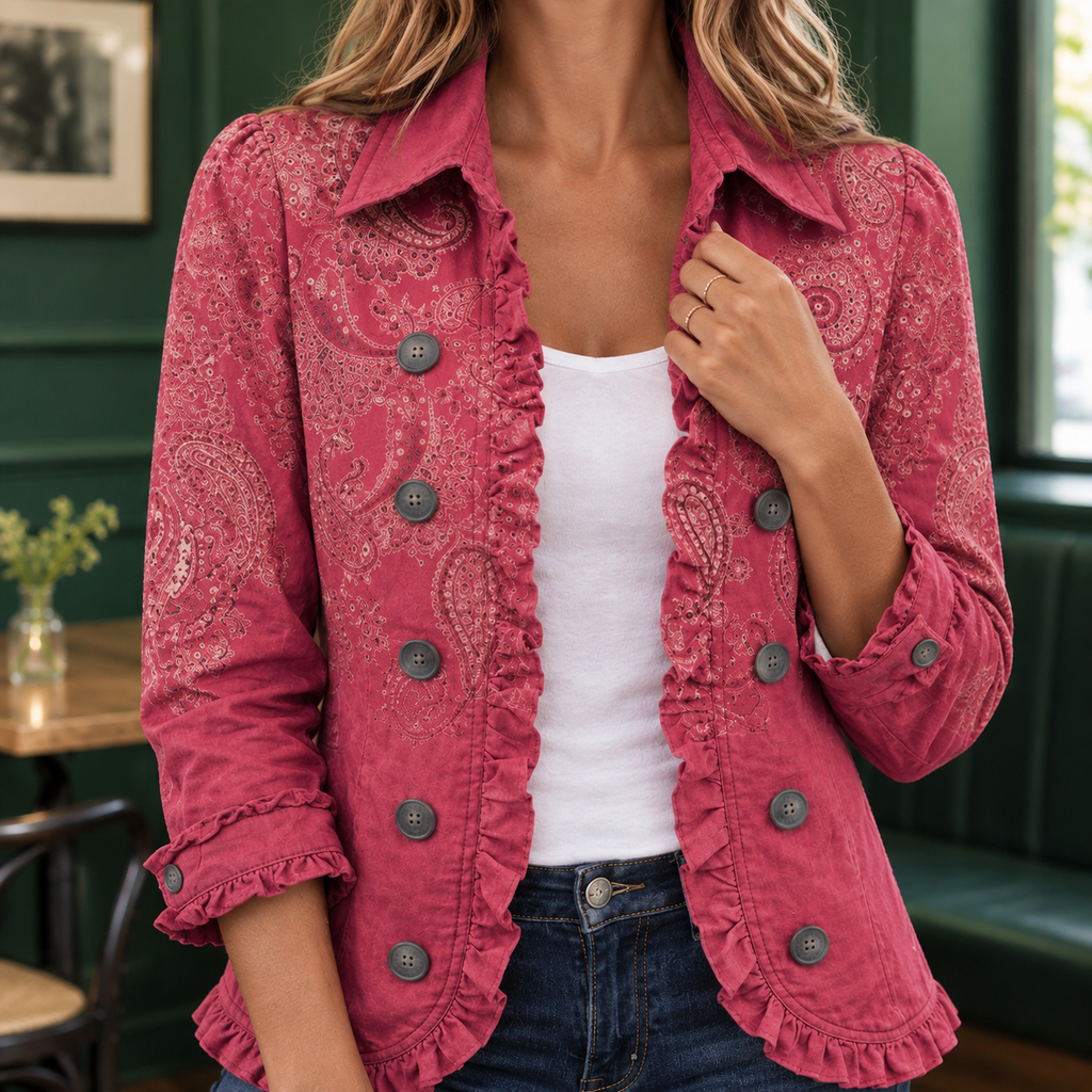 Close view of the rose pink jacket showing its tonal paisley pattern and ruffled edges