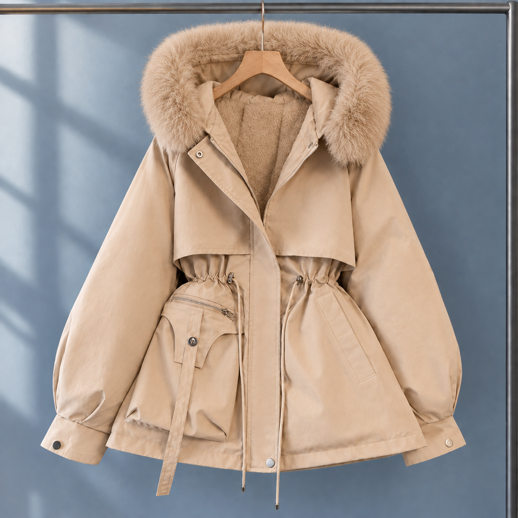 Woman wearing the plush lined hooded parka in khaki
