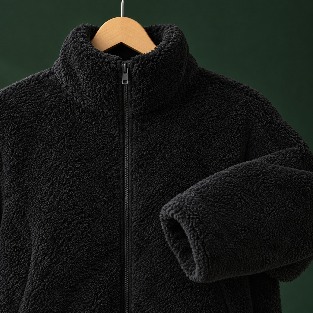 Close view of the black plush jacket showing its textured pile and full zip fastening