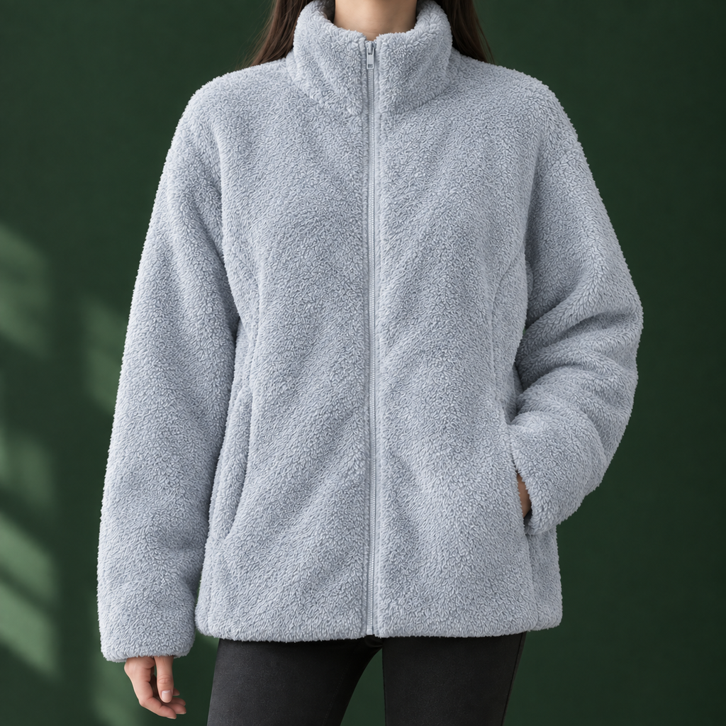 Woman wearing the plush textured zip jacket in light blue