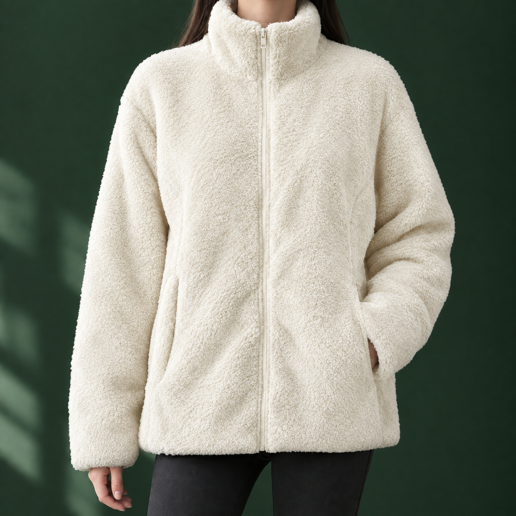 Woman wearing the plush textured zip jacket in white