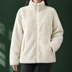 Woman wearing the plush textured zip jacket in white