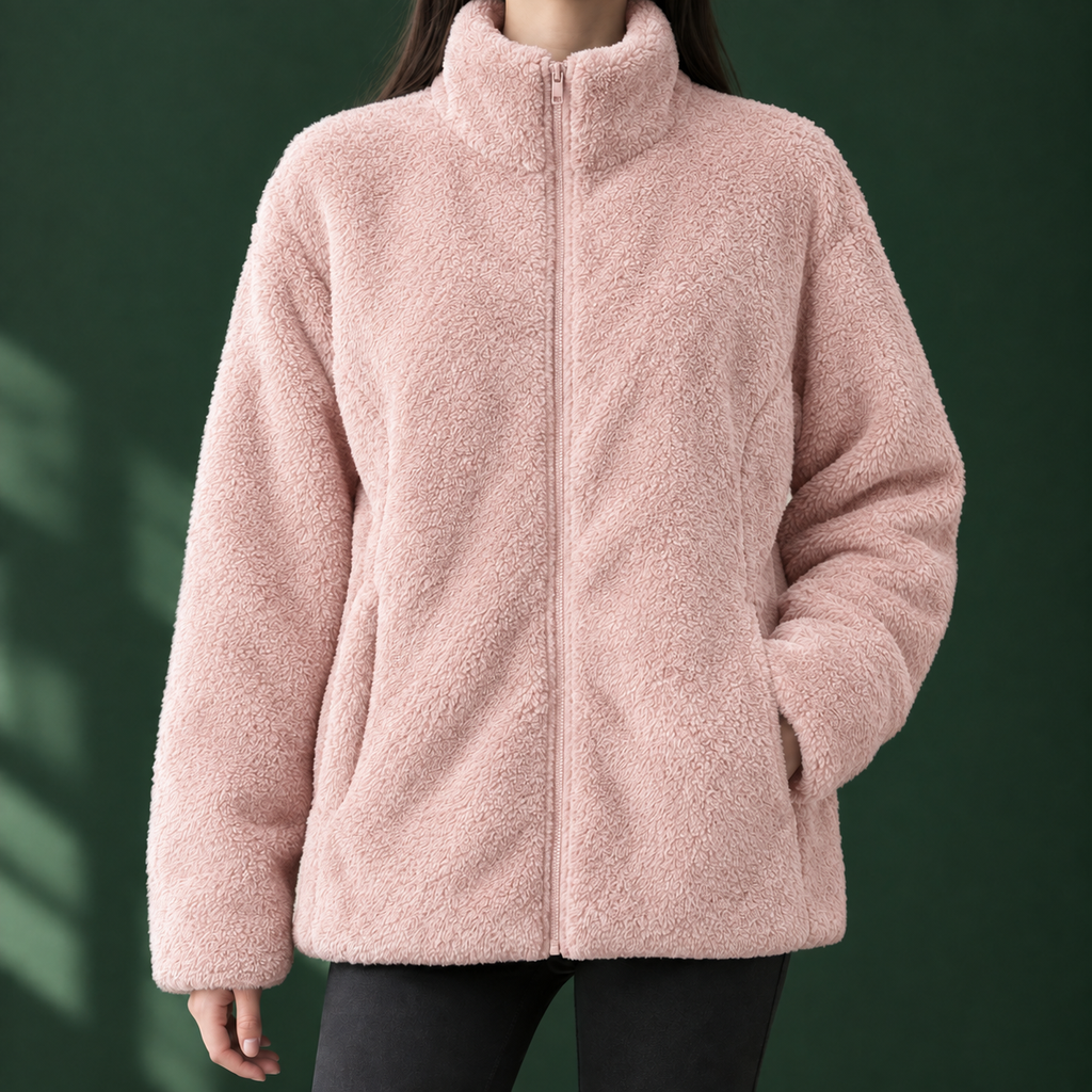 Woman wearing the plush textured zip jacket in pink