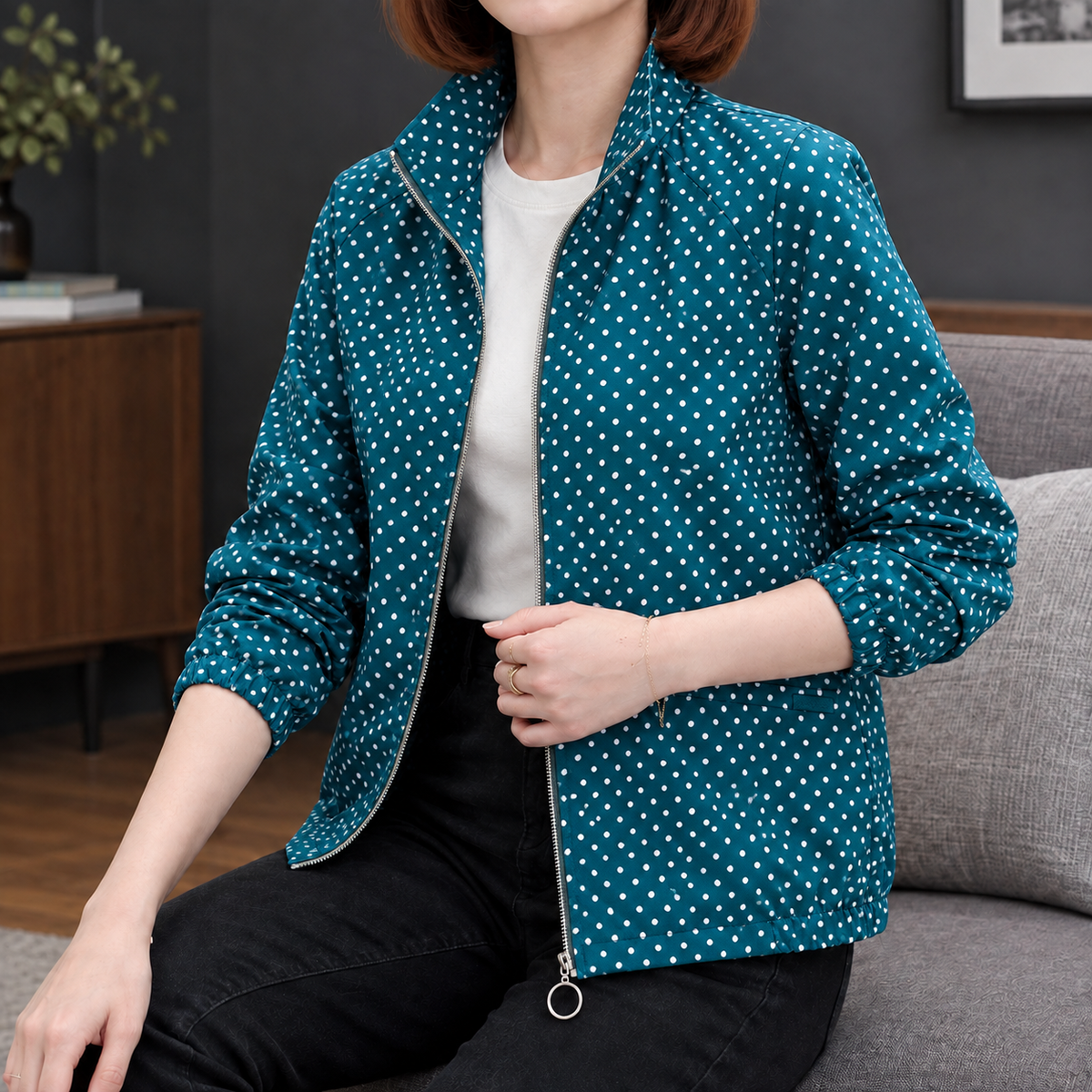 Woman wearing the polka dot zip jacket in teal