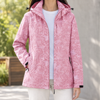 Woman wearing the tonal leaf print hooded jacket in pink