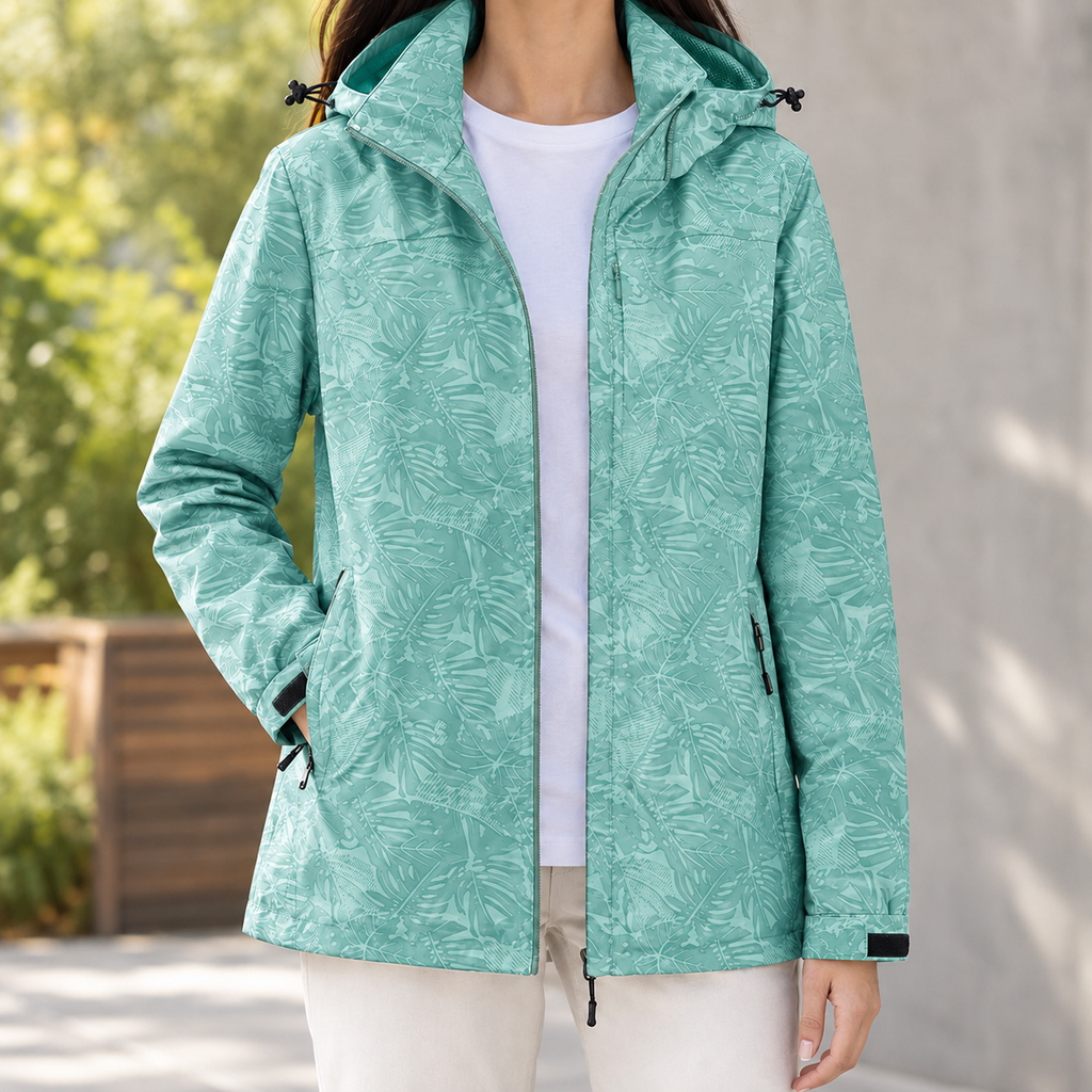 Woman wearing the tonal leaf print hooded jacket in green