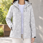 Woman wearing the tonal leaf print hooded jacket in gray