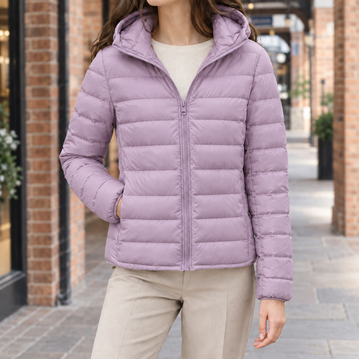 Woman wearing the slim quilted hooded jacket in light purple