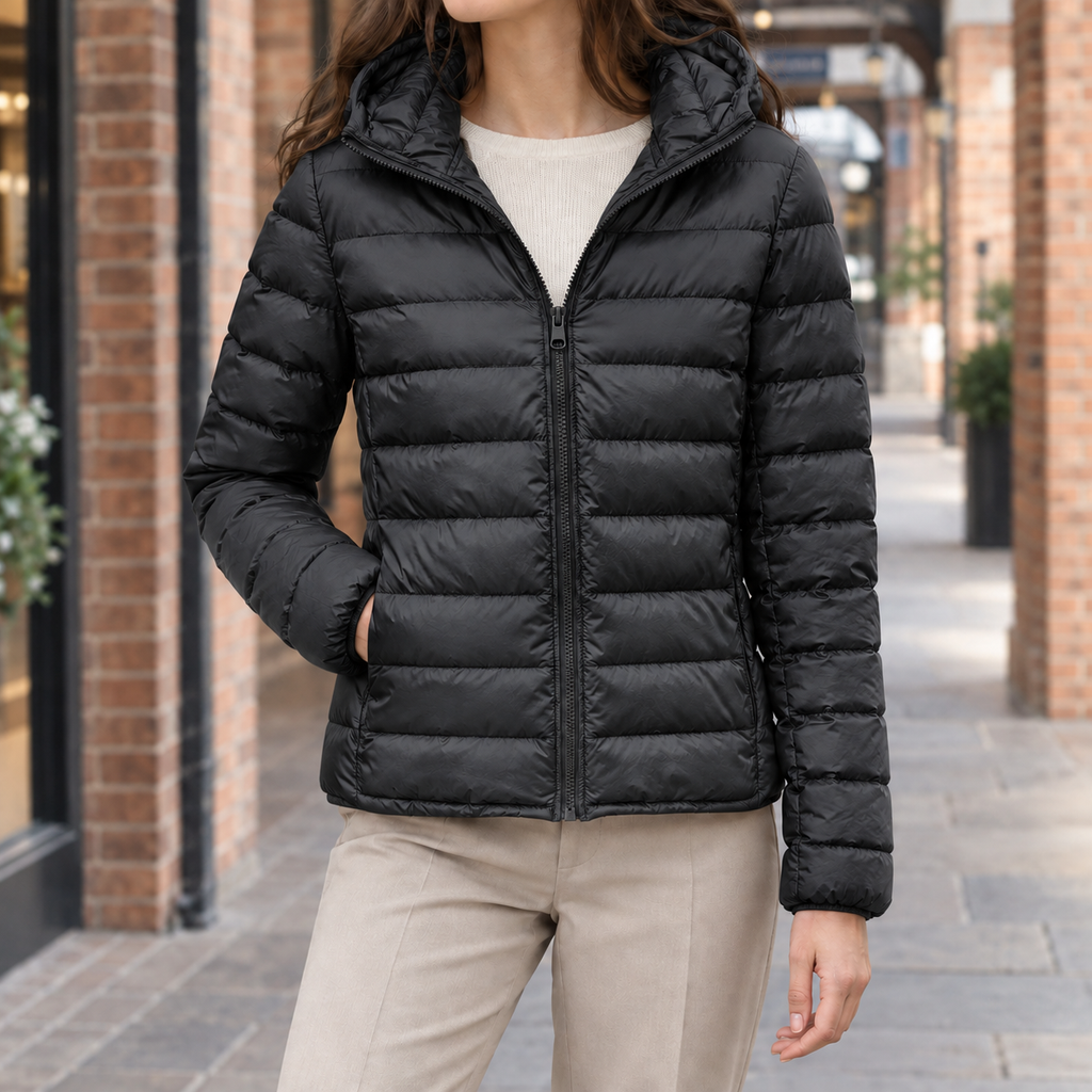 Woman wearing the slim quilted hooded jacket in black